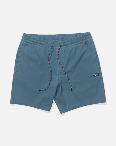 Seadog Volley Short Hydro Shorts front view, Slate blue with elastic waistband and grey drawstring, small woven label patch