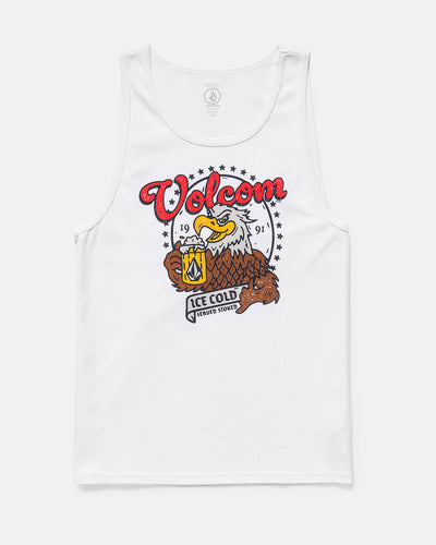 Serve Stoked Tank Apparel front view, White tank with red "Volcom" script, eagle holding beer stein, stars, and "Ice Cold