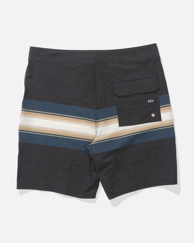 Back of Session Stripe Boardshort Boardshorts Black Boardshorts, Charcoal with horizontal stripes in navy, tan, and cream