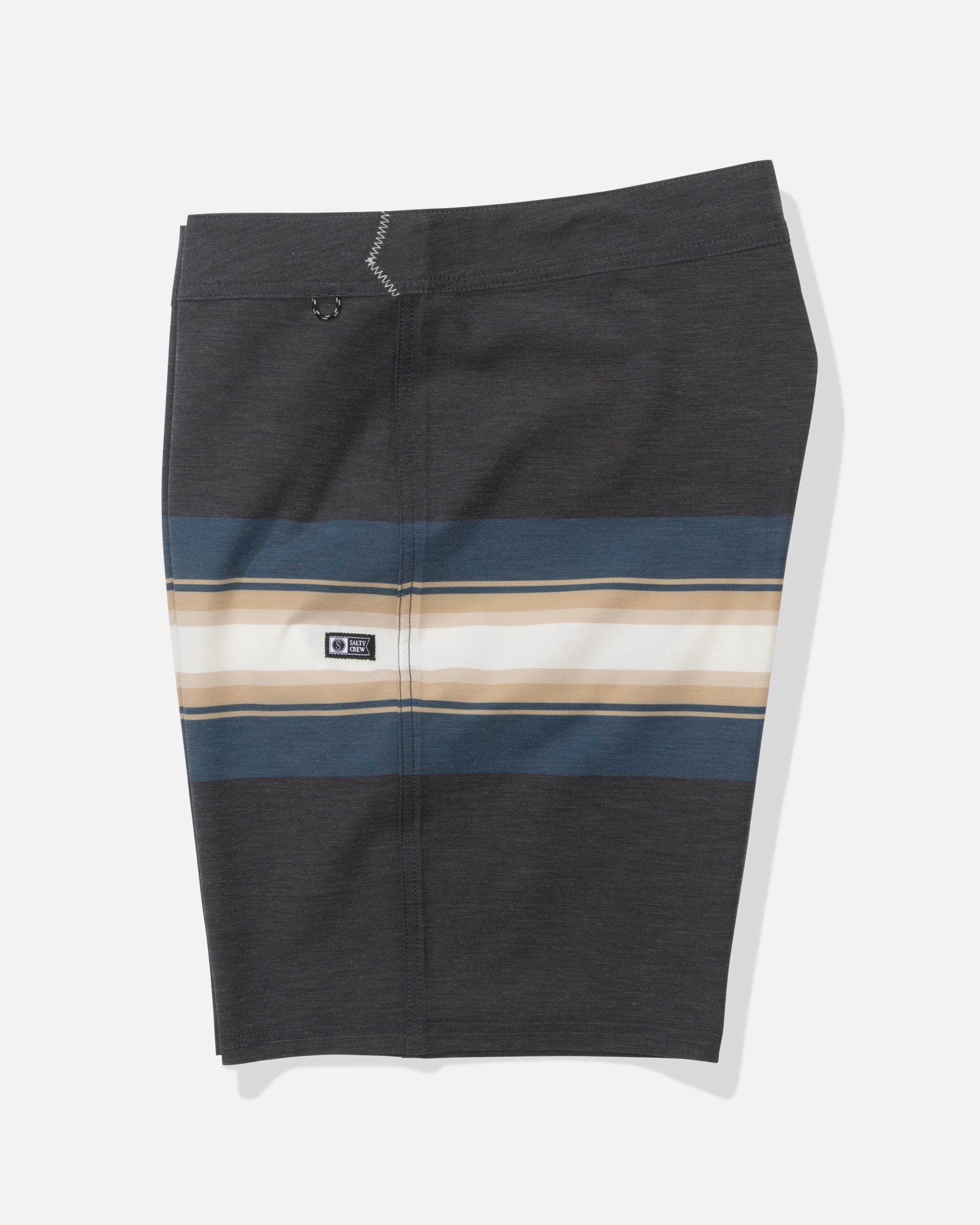 Close-up of Session Stripe Boardshort Boardshorts Black Boardshorts showing Charcoal boardshorts with horizontal stripes in