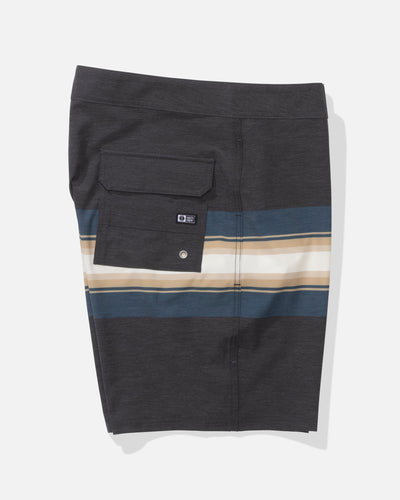 Close-up of Session Stripe Boardshort Boardshorts Black Boardshorts showing Charcoal with teal, tan, and cream horizontal