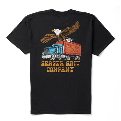 SGR Big Rig front view, Black with bald eagle perched on blue semi truck and red Western Supply trailer, gold text below,