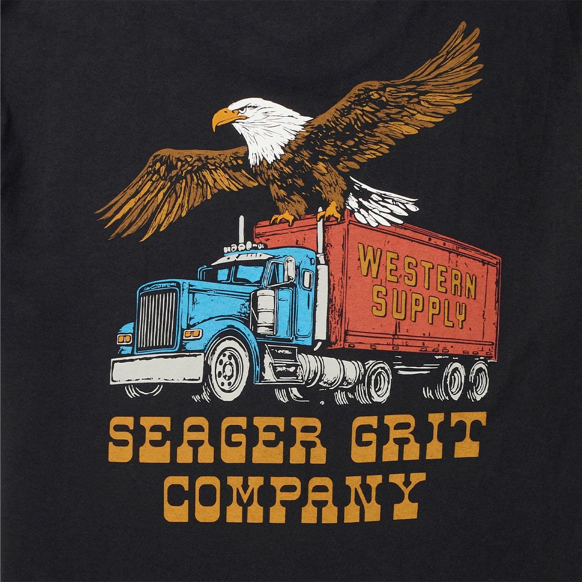 Close-up of SGR Big Rig Black Tee showing Print texture showing halftone shading on eagle wings and truck cab details -