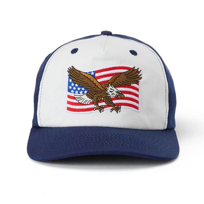 SGR USA Snapback front view, Navy and white with embroidered brown eagle and American flag graphic, Camo Hat - Slowride
