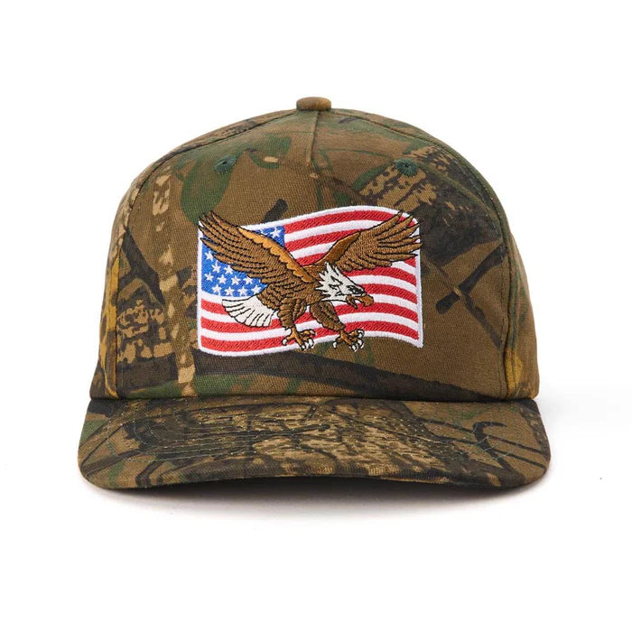 Back of SGR USA Snapback Camo Hat, Embroidered eagle and American flag on camo back panel - Slowride Supply