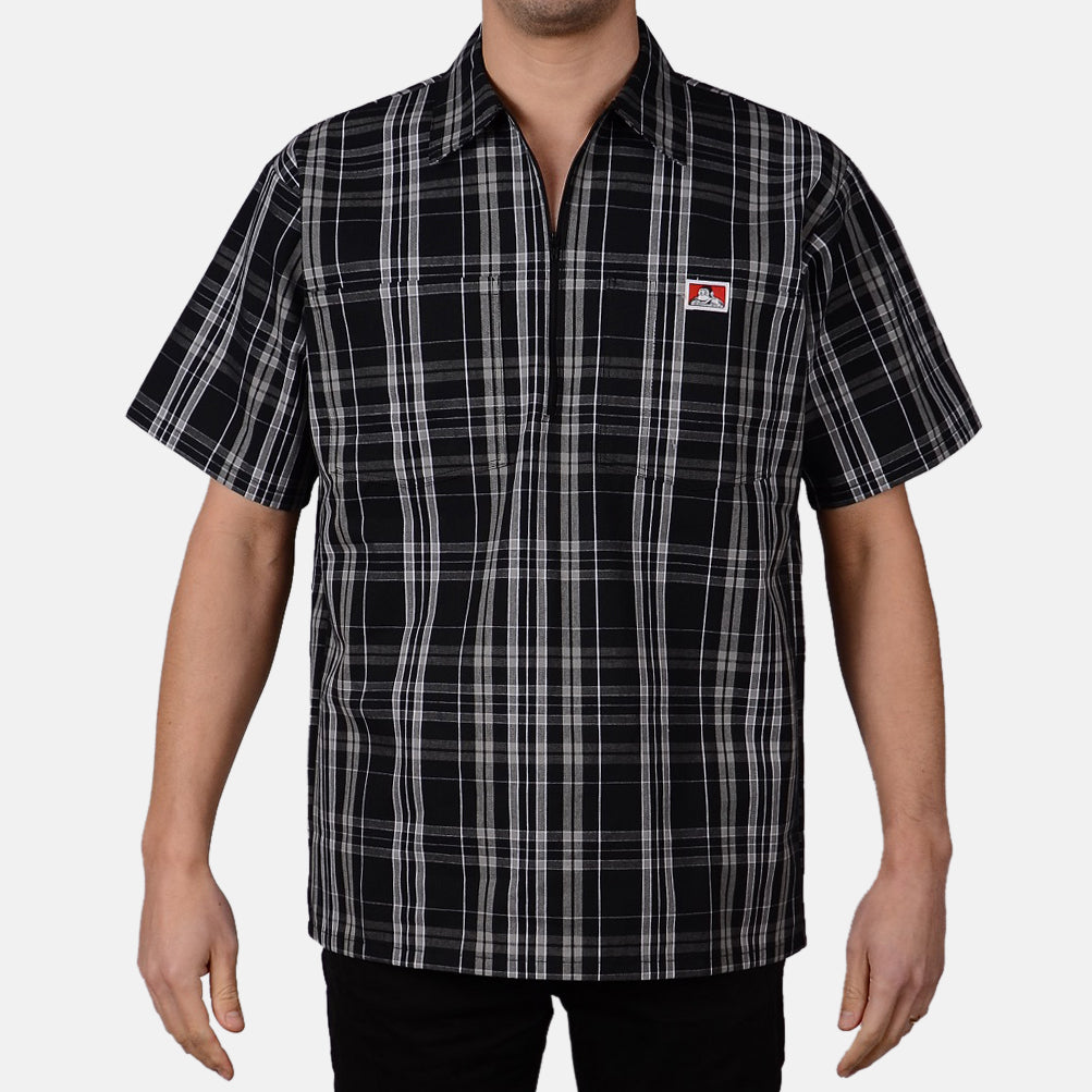 Short Sleeve Plaid Half Zip S/S Woven front view, Black and cream plaid with small embroidered patch on chest, Black/cream