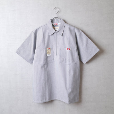 Back of Short Sleeve Stripe Half Zip S/S Woven Black S/S Woven, Blank back with small red woven label at center chest -
