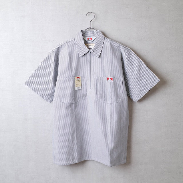 Back of Short Sleeve Stripe Half Zip S/S Woven Black S/S Woven, Blank back with small red woven label at center chest -