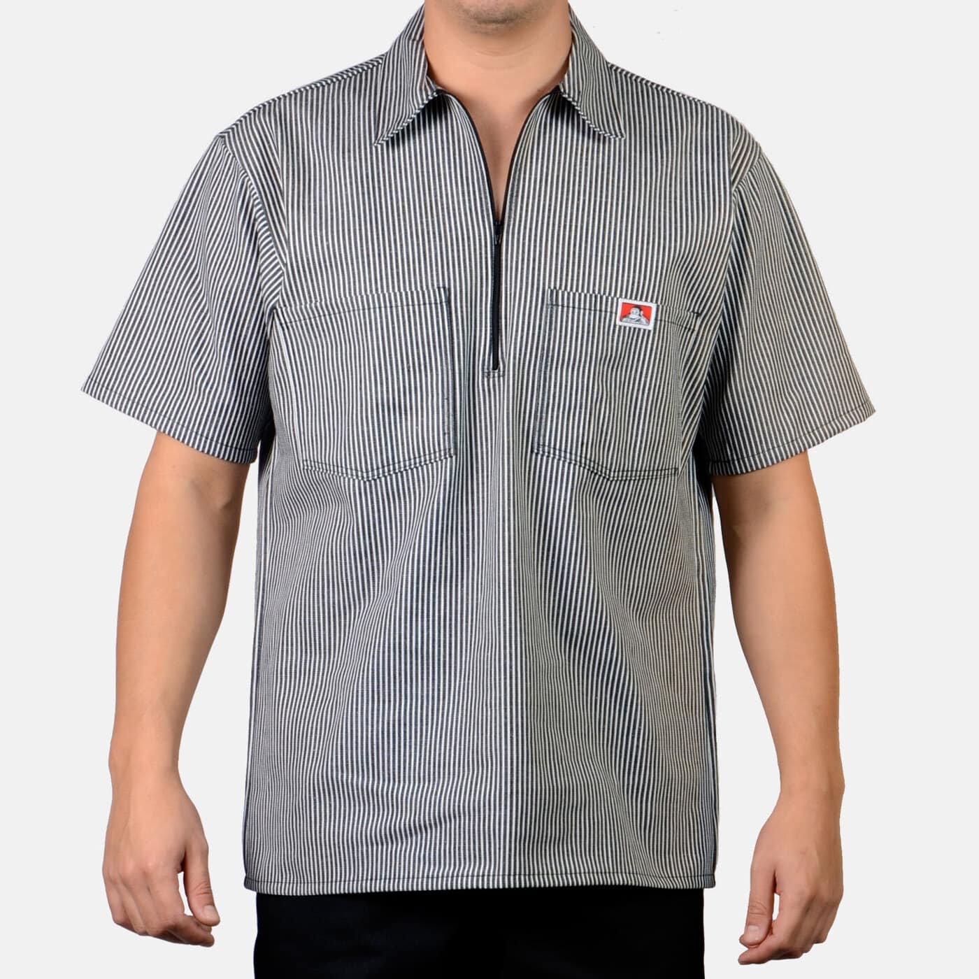 Short Sleeve Stripe Half Zip S/S Woven front view, Black and white vertical stripe with small embroidered patch pocket
