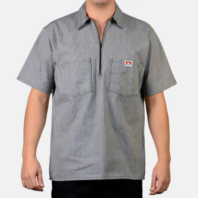 Short Sleeve Stripe Half Zip S/S Woven front view, Black and white vertical stripe with small embroidered patch pocket