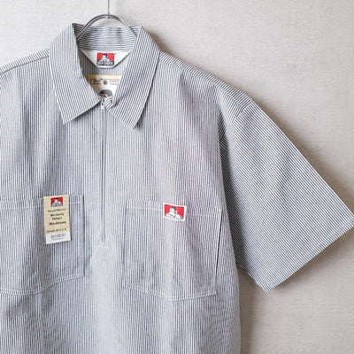Close-up of Short Sleeve Stripe Half Zip S/S Woven Black S/S Woven showing White with narrow black vertical stripes, small