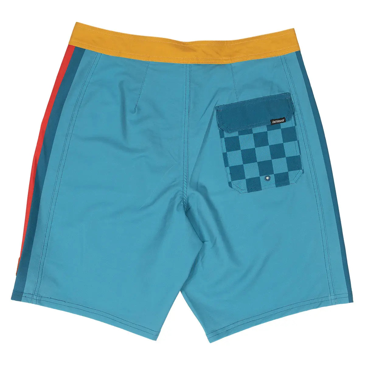 Back of Skeg 19" Boardshort Apparel Indigo Apparel, Bright blue with gold waistband, dark teal checkerboard pocket, red and