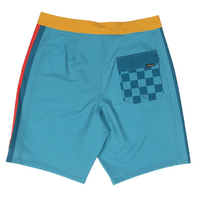 Back of Skeg 19" Boardshort Apparel Indigo Apparel, Bright blue with gold waistband, dark teal checkerboard pocket, red and