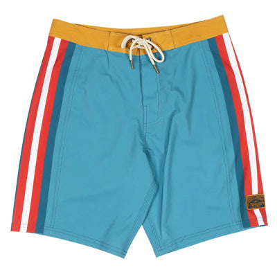 Skeg 19" Boardshort Apparel front view, Indigo with gold waistband, red and white side stripes, cream drawstring, Indigo