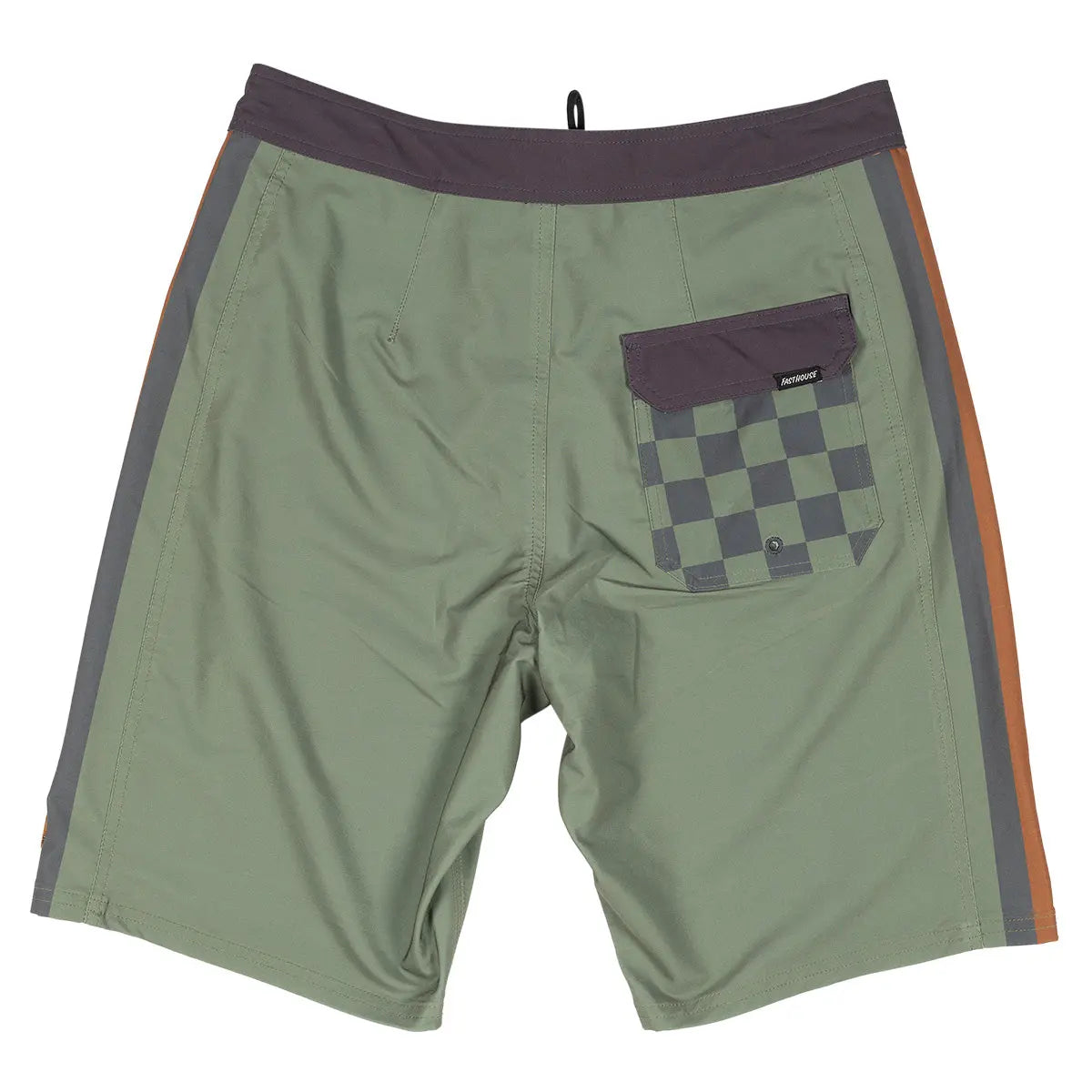 Back of Skeg 21" Boardshorts Apparel Olive Apparel, Olive with charcoal and rust side stripes, checkered back pocket with