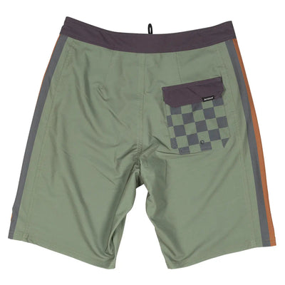 Back of Skeg 21" Boardshorts Apparel Olive Apparel, Olive with charcoal and rust side stripes, checkered back pocket with