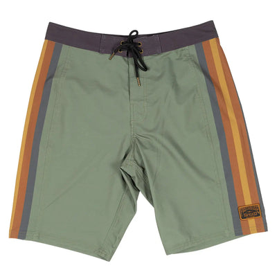 Skeg 21" Boardshorts Apparel front view, Olive green with charcoal and orange stripe side panels, black drawstring waistband
