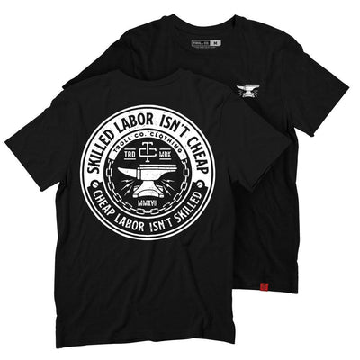 Slic front view, Black with white circular seal graphic featuring anvil, text reading "skilled labor isn't cheap cheap labor