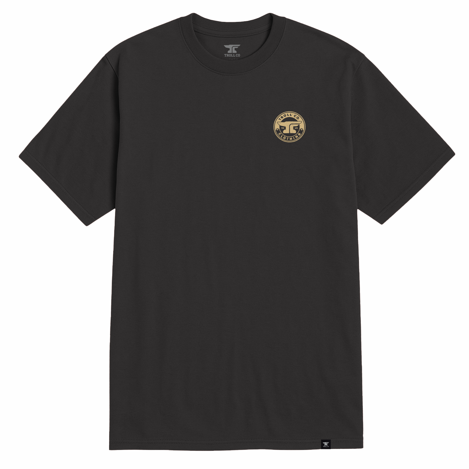 Close-up of Slic Black Tee showing Black tee with small gold circular logo embroidered on chest - Slowride Supply