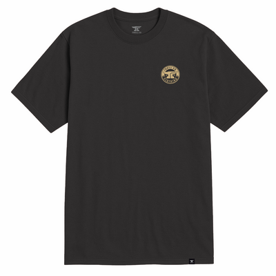 Close-up of Slic Black Tee showing Black tee with small gold circular logo embroidered on chest - Slowride Supply