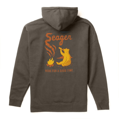 Smokey front view, Charcoal with orange cursive "Seager" text, yellow bear illustration by campfire, and orange "Here for a