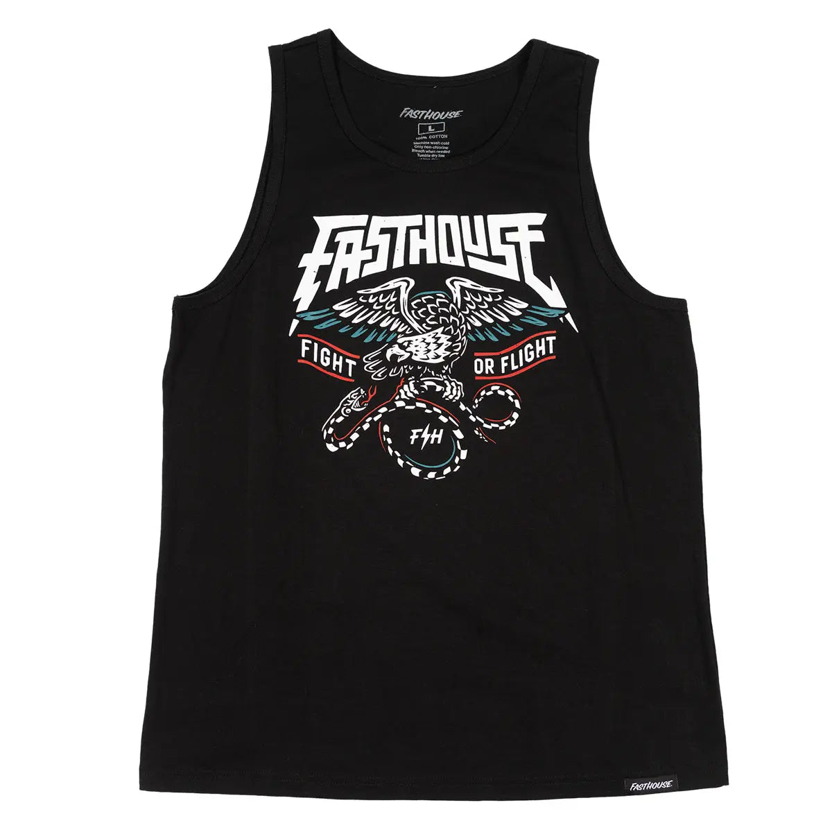 Soar Tank Apparel front view, Black with white metal-style lettering, winged eagle graphic, red and teal accents, fight or