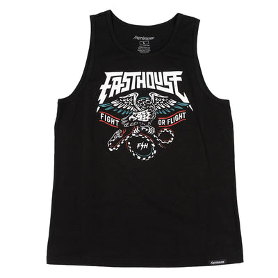 Soar Tank Apparel front view, Black with white metal-style lettering, winged eagle graphic, red and teal accents, fight or