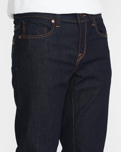 Close-up of Solver Denim Pants Vintage Blue Pants showing Copper and tan contrast stitching on raw indigo denim with visible