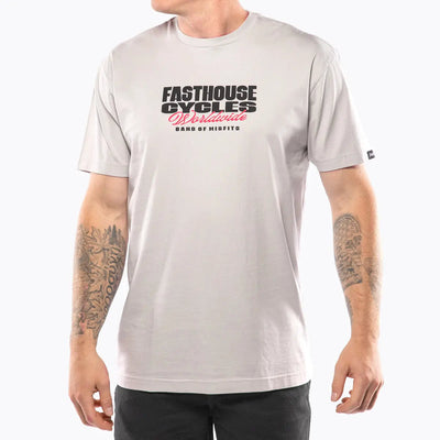 Person wearing Spanner Mirage Gray Tee, Man with tattooed arms wearing tee against plain white background - Slowride Supply
