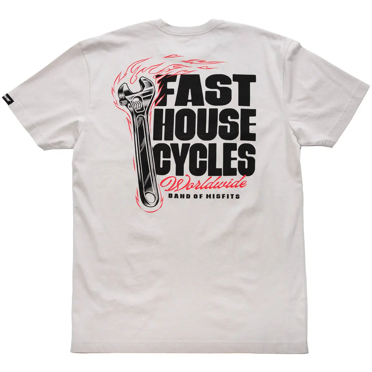Spanner front view, Mirage gray with black bold type, flaming wrench graphic in red and black, and smaller red script text