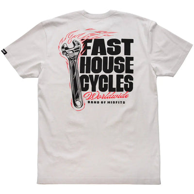 Spanner front view, Mirage gray with black bold type, flaming wrench graphic in red and black, and smaller red script text