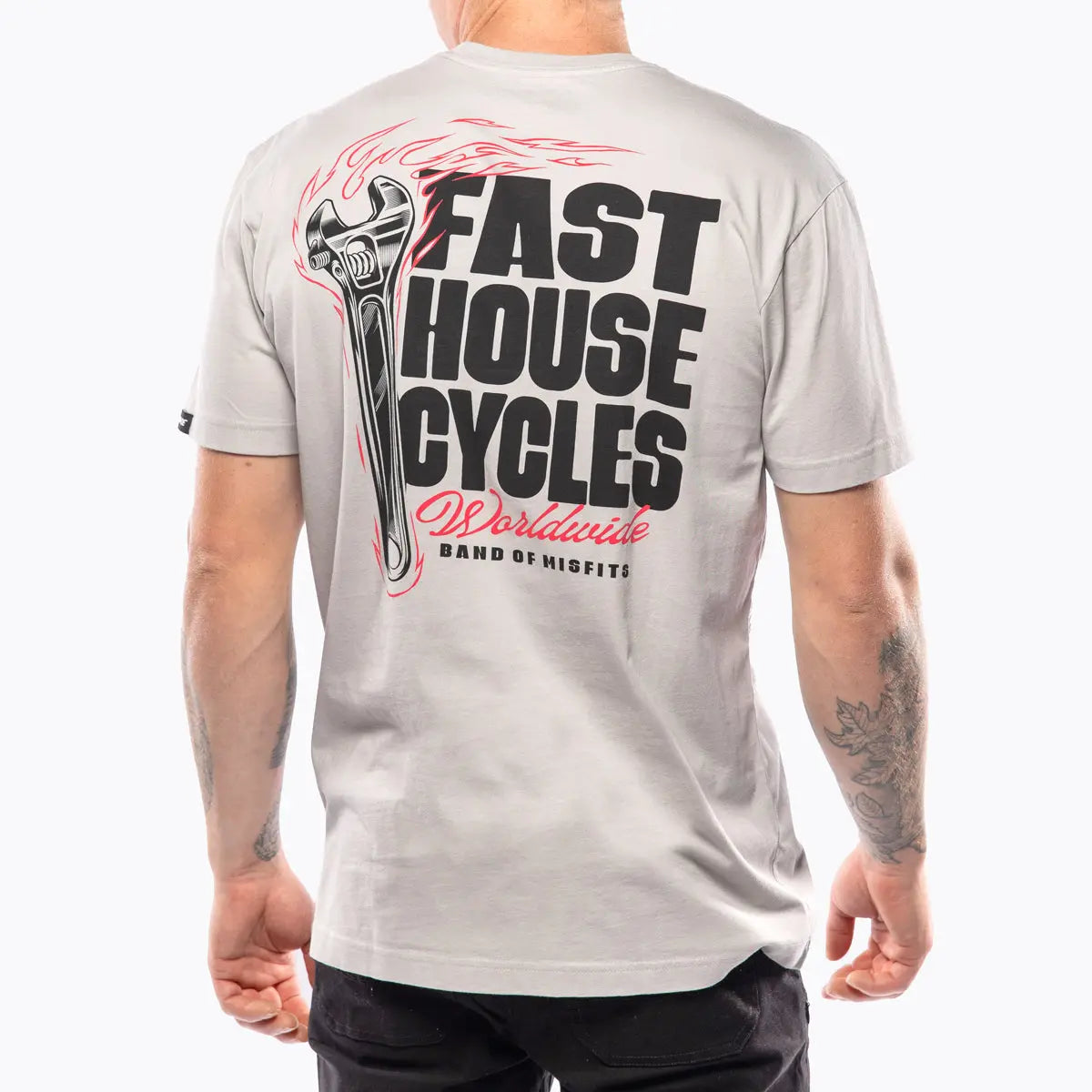 Person wearing Spanner Mirage Gray Tee, Man wearing gray tee against plain white background - Slowride Supply