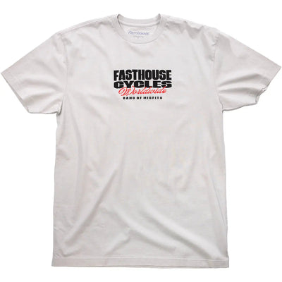 Close-up of Spanner Mirage Gray Tee showing White tee with black and red stacked text print reading "Fasthouse Cycles" with