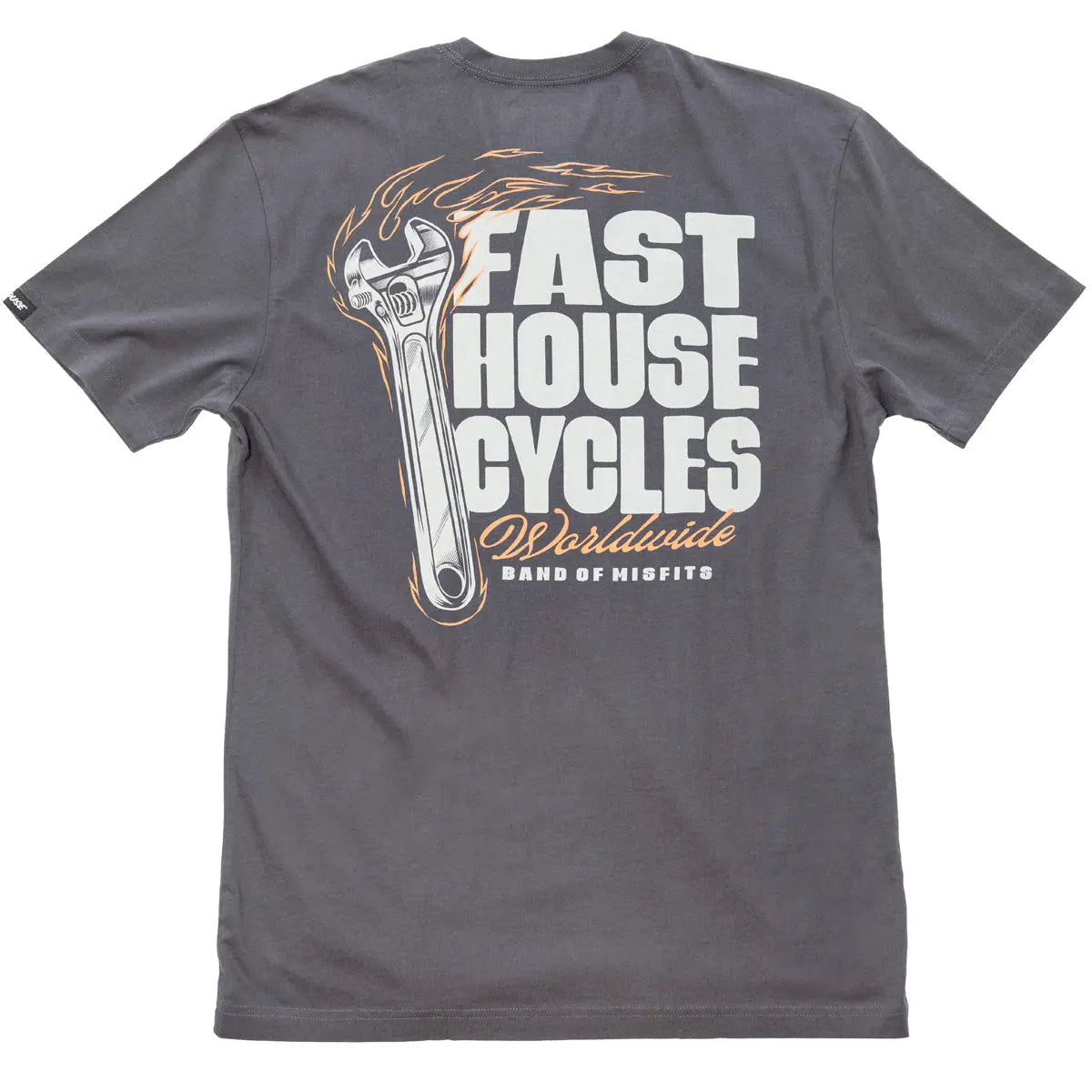 Back of Spanner Mirage Gray Tee, Charcoal gray with flaming wrench graphic, white and tan "Fast House Cycles" text, orange