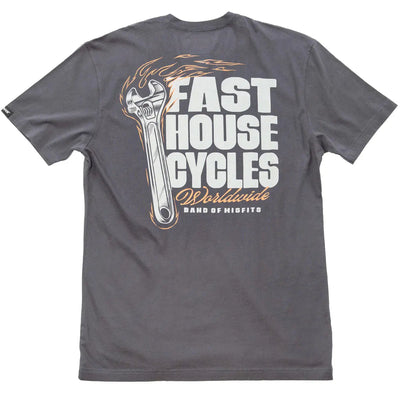 Back of Spanner Mirage Gray Tee, Charcoal gray with flaming wrench graphic, white and tan "Fast House Cycles" text, orange