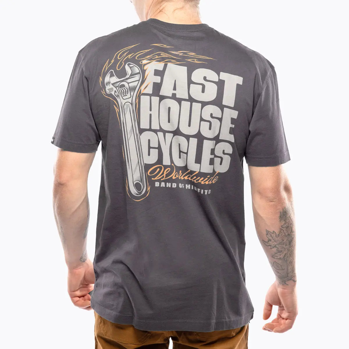 Person wearing Spanner Mirage Gray Tee, Man wearing gray tee standing against white studio backdrop - Slowride Supply