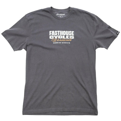 Close-up of Spanner Mirage Gray Tee showing Mirage gray with white and gold multiline text print across chest, small sleeve