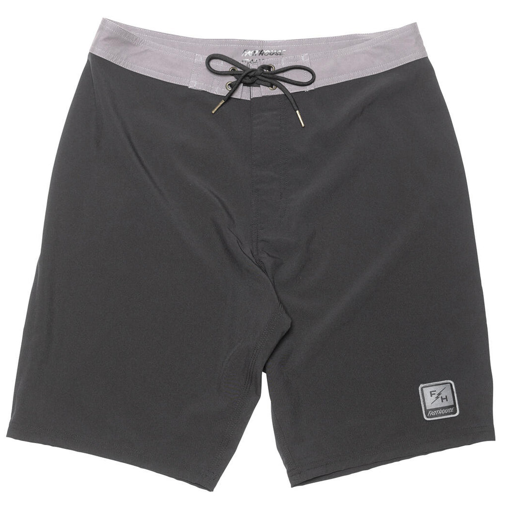 Stealth 21" Boardshort Boardshorts front view, Charcoal with gray waistband and black drawstring, small woven logo patch at