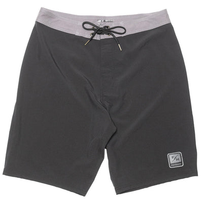 Stealth 21" Boardshort Boardshorts front view, Charcoal with gray waistband and black drawstring, small woven logo patch at