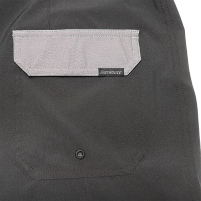 Close-up of Stealth 21" Boardshort Boardshorts Black Boardshorts showing Gray suede chest pocket with white topstitching and