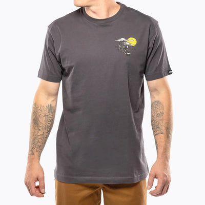 Person wearing Stinger Graphite Black Tee, Charcoal gray tee worn casually in neutral studio setting - Slowride Supply