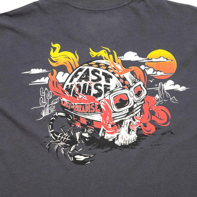 Close-up of Stinger Graphite Black Tee showing Charcoal grey with astronaut helmet, flames, desert landscape, and skull