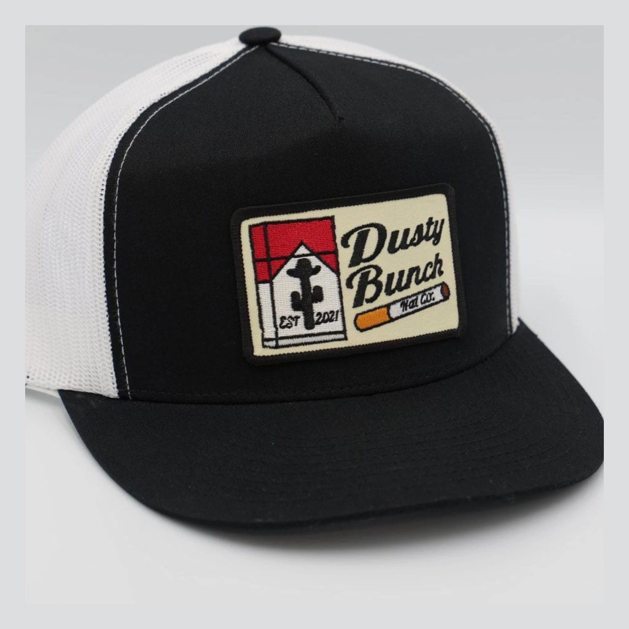 Stogie Hat Apparel front view, Black front with white mesh back, embroidered cream and red racing patch with established
