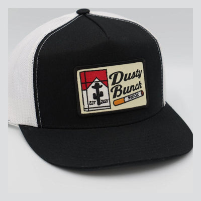 Stogie Hat Apparel front view, Black front with white mesh back, embroidered cream and red racing patch with established