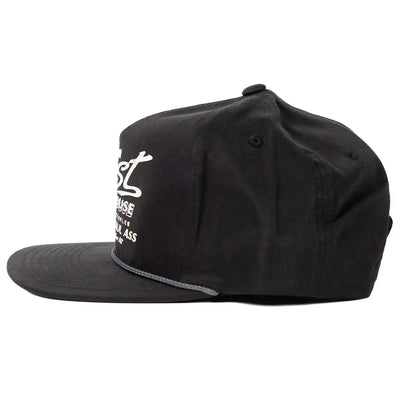 Back of Sunset Black Hat, Gray rope trim along bill and side seam with black button at crown - Slowride Supply