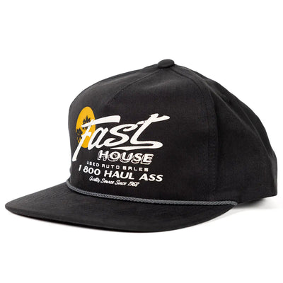Sunset front view, Black with white script logo, yellow and black circular graphic, gray rope trim, and "1800 Haul Ass"