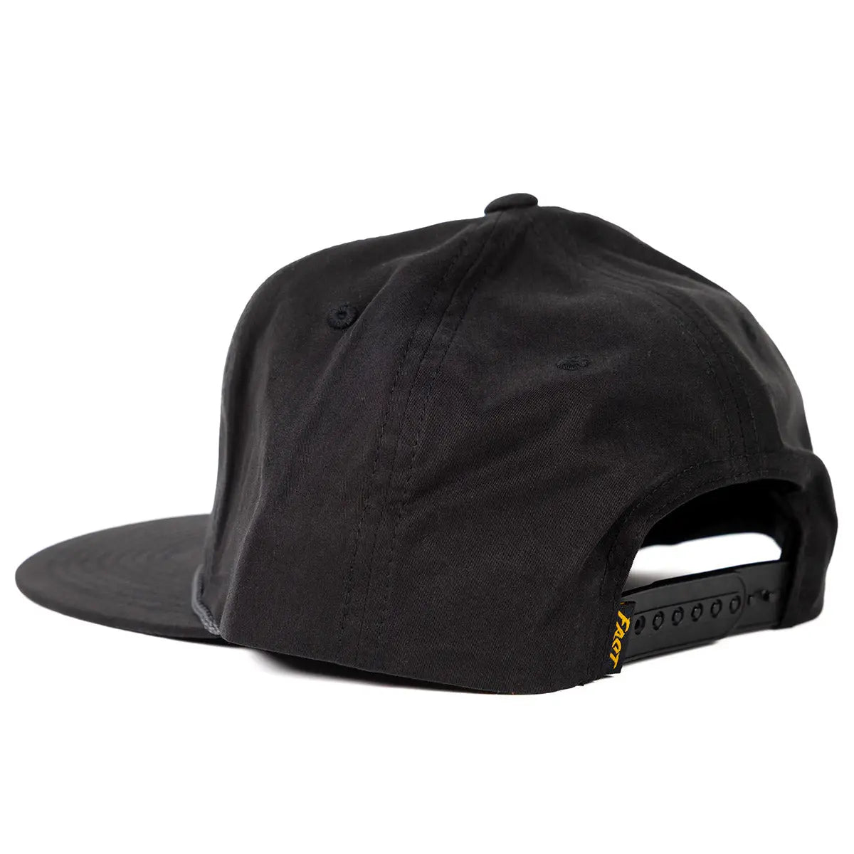 Close-up of Sunset Black Hat showing Snapback closure with yellow accent tab, structured six-panel crown, curved bill, black