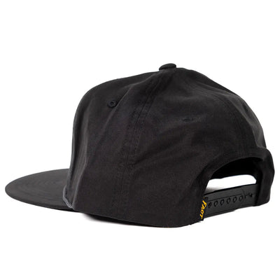 Close-up of Sunset Black Hat showing Snapback closure with yellow accent tab, structured six-panel crown, curved bill, black