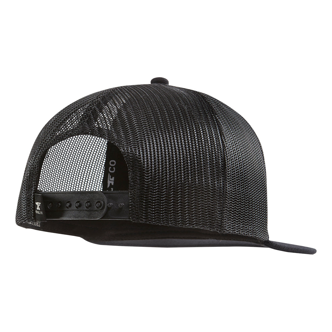 Back of TCI Blinker Fluid Trucker Black Hat, Black mesh back with snapback closure and vented crown panel - Slowride Supply