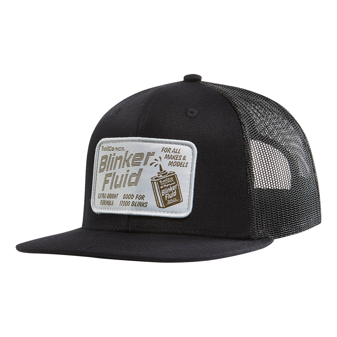 TCI Blinker Fluid Trucker front view, Black with white and tan patch graphic advertising blinker fluid for all makes and